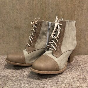 Bucco Tan and Brown Lace Up Boots with Stacked Heel